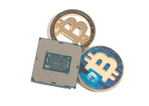 Central processing unit CPU microchip with Bitcoin 스톡 사진