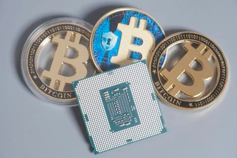 Central processing unit CPU microchip with Bitcoins 스톡 사진