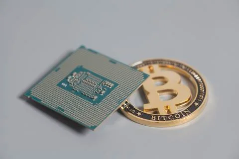 Central processing unit CPU microchip with Bitcoins 스톡 사진