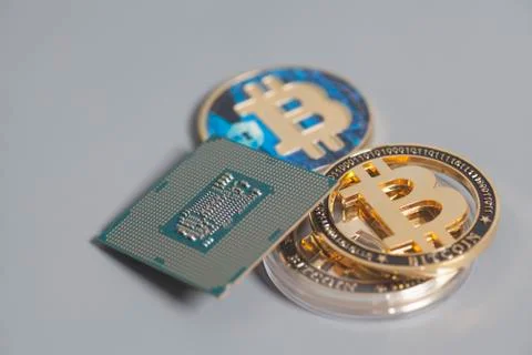 Central processing unit CPU microchip with Bitcoins 스톡 사진