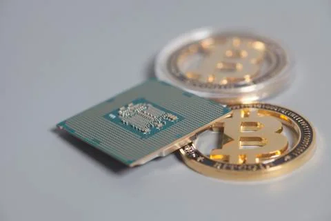 Central processing unit CPU microchip with Bitcoins 스톡 사진