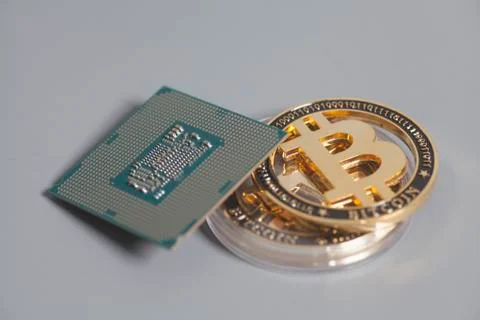 Central processing unit CPU microchip with Bitcoins Stock Photos