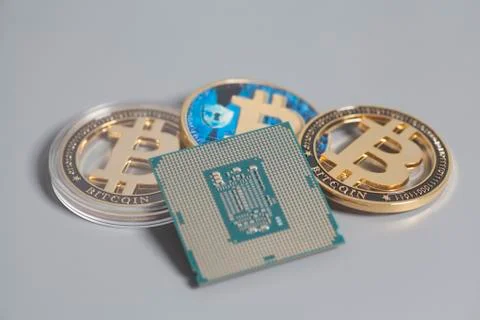 Central processing unit CPU microchip with Bitcoins 스톡 사진
