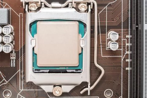 Central Processing Unit (CPU) On Motherboard Socket 스톡 사진