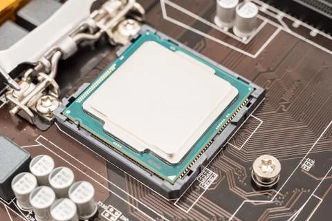 Central Processing Unit (CPU) On Motherboard Socket 스톡 사진