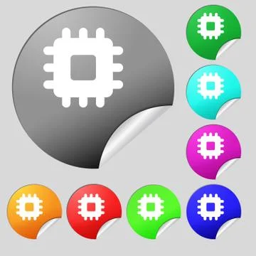 Central Processing Unit icon sign. Set of eight multi-colored round buttons, sti Stock Illustration