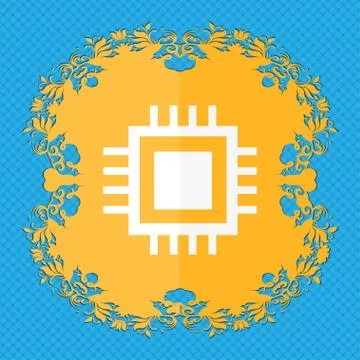 Central Processing Unit Icon. Technology scheme circle symbol. Floral flat desig Illustrazione stock
