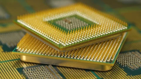 Central processing units with golden pins and contacts for a personal computer Stock Footage 338357673