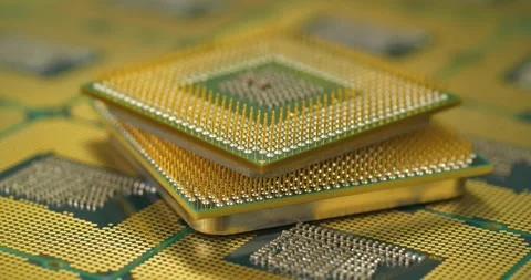 Central processing units with golden pins and contacts for a personal computer Stock Footage 339569814
