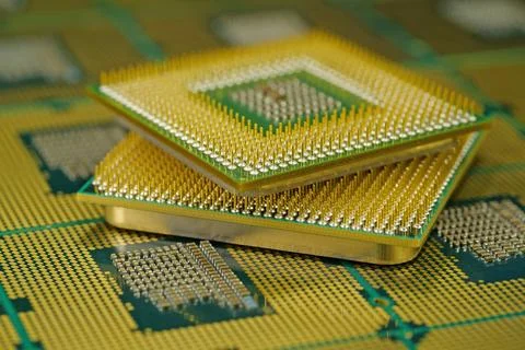 Central processing units for PC. Close view of CPU pins and contacts. CPU u.. Stock Photos
