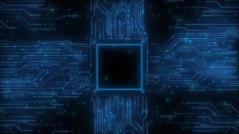 Central processor circuit visual blue chip frame, fine electronic paths, glowing Stock Footage 340558037
