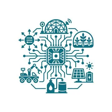 Central processor connecting various smart technologies for modern farming. Stock Illustration
