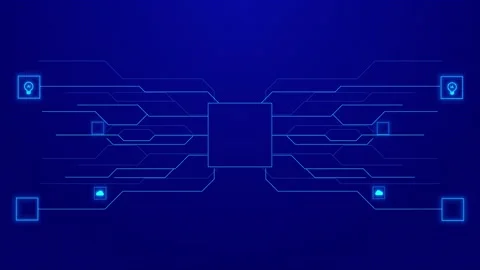 Central processor connection visual blue circuit paths, glowing square hub, 動画素材 340526274