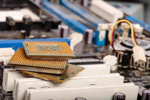 The central processor lies on a disassembled computer close-up 写真素材