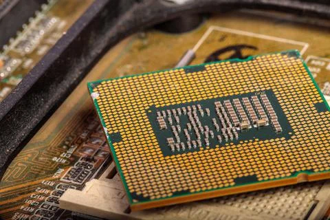 The central processor lies on a disassembled computer close-up 写真素材