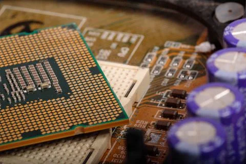 The central processor lies on a disassembled computer close-up Foto stock