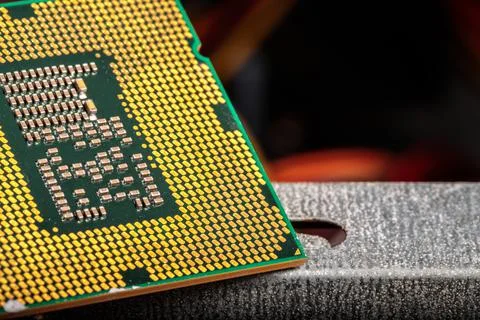 The central processor lies on a disassembled computer close-up Foto stock