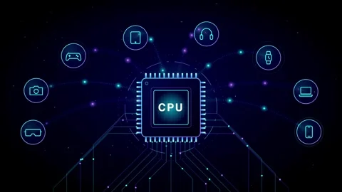 Central processor linked to gadget icons with data pulses along lines, seam.. Stock Footage 347727717