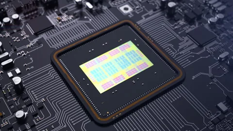 Central processor on a printed circuit board , technology animation concept a 스톡 동영상 168570640