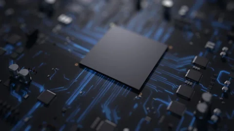Central processor on a printed circuit board dynamic 3d animation . concept o Video stock 172265610