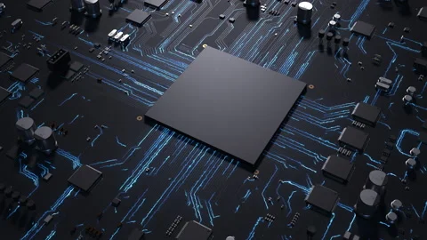 Central processor on a printed circuit board dynamic 3d animation . concept o Video stock 172265622