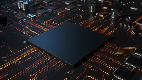 Central processor on a printed circuit board dynamic 3d animation . concept o Stock Footage 172265646
