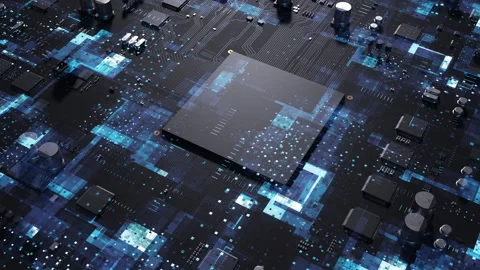 Central processor on a printed circuit board dynamic 3d animation . concept o Stock Footage 172265649