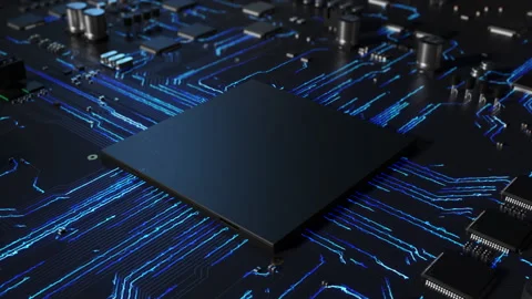 Central processor on a printed circuit board dynamic 3d animation . concept o Stock Footage 172265683