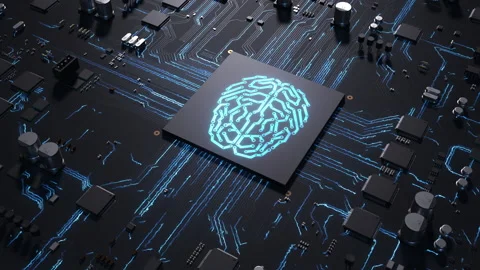 Central processor on a printed circuit board. sign on the brain chip as an el Stock Footage 172265730