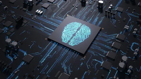 Central processor on a printed circuit board. sign on the brain chip as an el Stock Footage 172265767