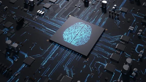 Central processor on a printed circuit board. sign on the brain chip as an el Video stock 172265772