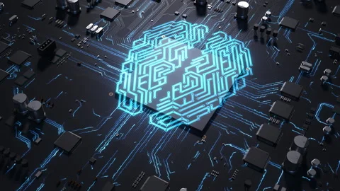 Central processor on a printed circuit board. sign on the brain chip as an el Stock Footage 172265799