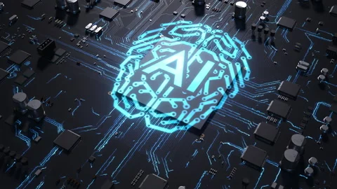 Central processor on a printed circuit board. sign on the brain chip as an el Stock Footage 172265832