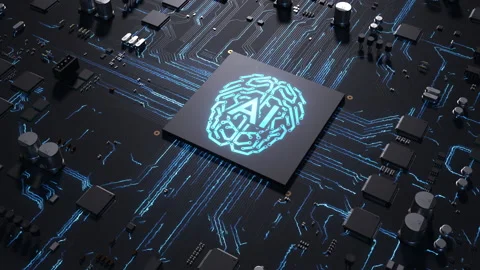 Central processor on a printed circuit board. sign on the brain chip as an el Stock Footage 172265843