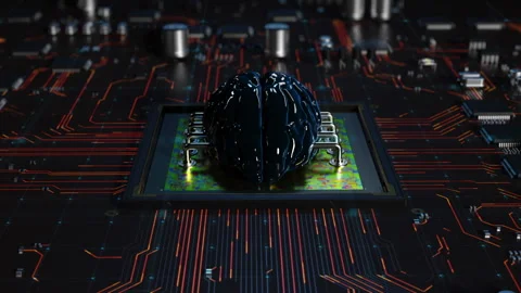 Central processor on a printed circuit board in the form of a human brain per Stock Footage 172265858