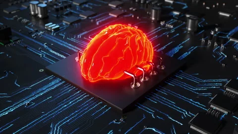 Central processor on a printed circuit board in the form of a human brain per Stock Footage 172265862