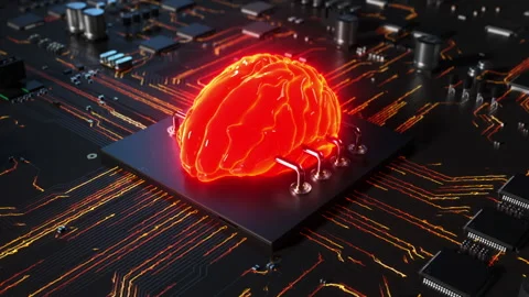 Central processor on a printed circuit board in the form of a human brain per Stock Footage 172265878