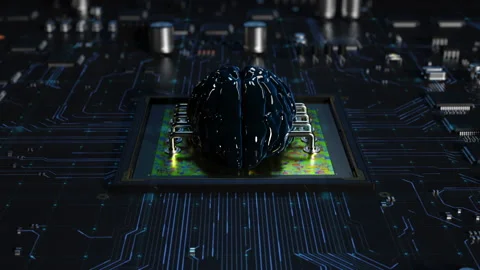 Central processor on a printed circuit board in the form of a human brain per Stock Footage 172265881