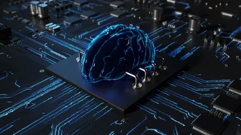 Central processor on a printed circuit board in the form of a human brain per Video stock 172265907