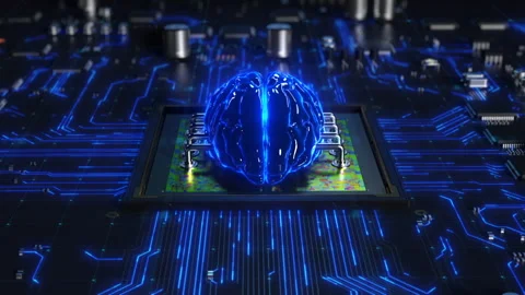 Central processor on a printed circuit board in the form of a human brain per Stock Footage 172265908