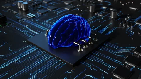 Central processor on a printed circuit board in the form of a human brain per Stock Footage 172265922