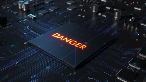 Central processor on a printed circuit board. inscription on the chip danger  Video stock 172266129