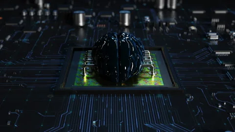 Central processor on a printed circuit board as a brain. dynamic 3d animation Stock Footage 172266156