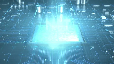 Central processor on a printed circuit board. dynamic 3d animation with nft i Video stock 172266300