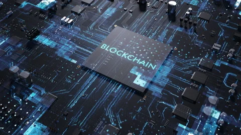 Central processor on a printed circuit board. dynamic 3d blockchain animation 스톡 동영상 172266327