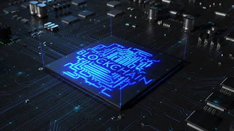Central processor on a printed circuit board. dynamic 3d blockchain animation 스톡 동영상 172266355