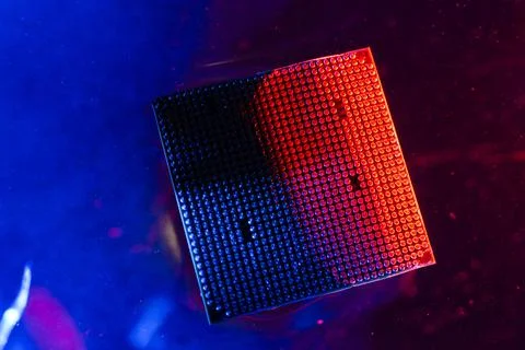 Central processor under water, cpu, blue and red light, under water. Technolo 스톡 사진