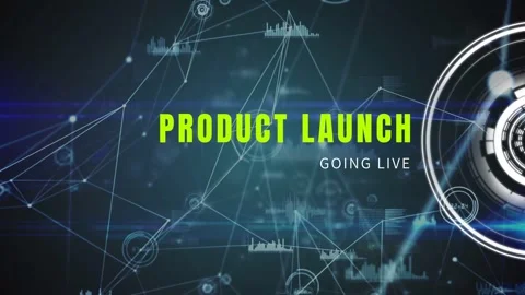 Central PRODUCT LAUNCH headline appearing, activating node mesh, rotating HUD, Video stock 334419275