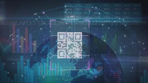 Central QR code pulsating in dashboard, overlaying world map and glowing network Stock Footage 329920734