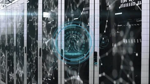 Central racks in data center showing node network appearing, growing cyan 動画素材 332545311